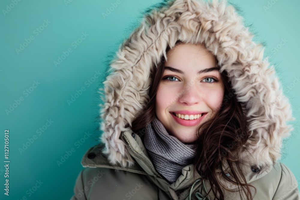 Portrait of a grinning woman in her 20s wearing a warm parka isolated on soft teal background Portrait of a grinning woman in her 20s wearing a warm parka isolated on soft teal background