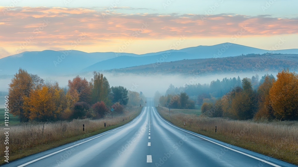 Serene Autumn Road with Foggy Mountains Serene Autumn Road with Foggy Mountains