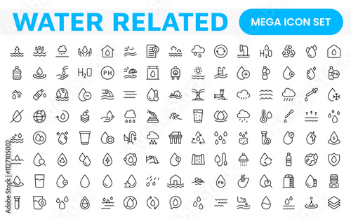 Water Related Icon Set. A refreshing collection of icons showcasing water conservation, aquatic life, and hydration, perfect for water awareness and sustainability.