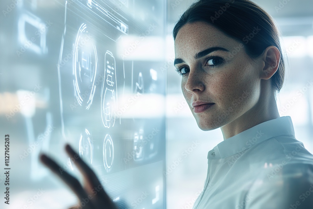 portrait of team leader demonstrating skills training on interactive holographic screen