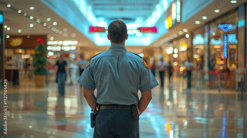 Mall security guard in uniform observing busy shopping center with bright lights and stores Mall security guard in uniform observing busy shopping center with bright lights and stores