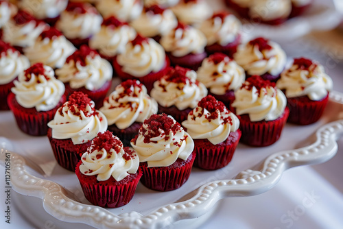 Delicious red velvet cupcakes with cream cheese frosting arranged on a white tray. photo