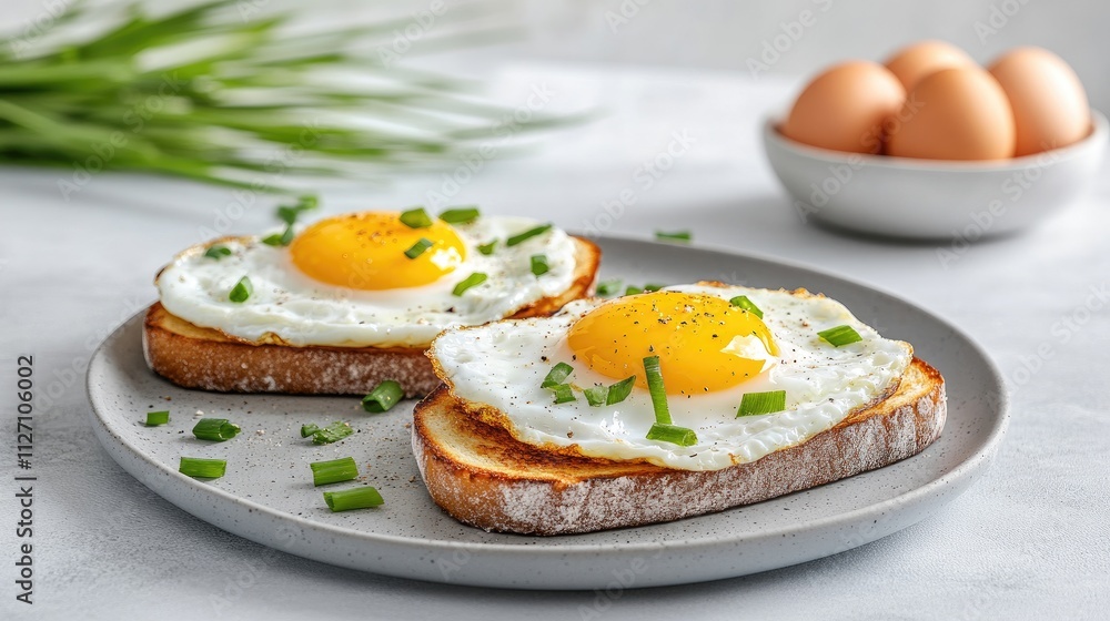 Two slices of toasted bread topped with sunny side up eggs and chopped green onions are served on a neutral plate, with a bowl of eggs visible in the background Two slices of toasted bread topped with sunny side up eggs and chopped green onions are served on a neutral plate, with a bowl of eggs visible in the background