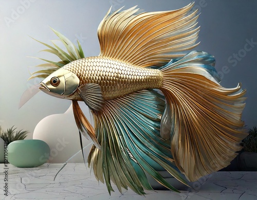 Elegant Golden Teal Betta Fish Aquatic Life Luxury Art photo