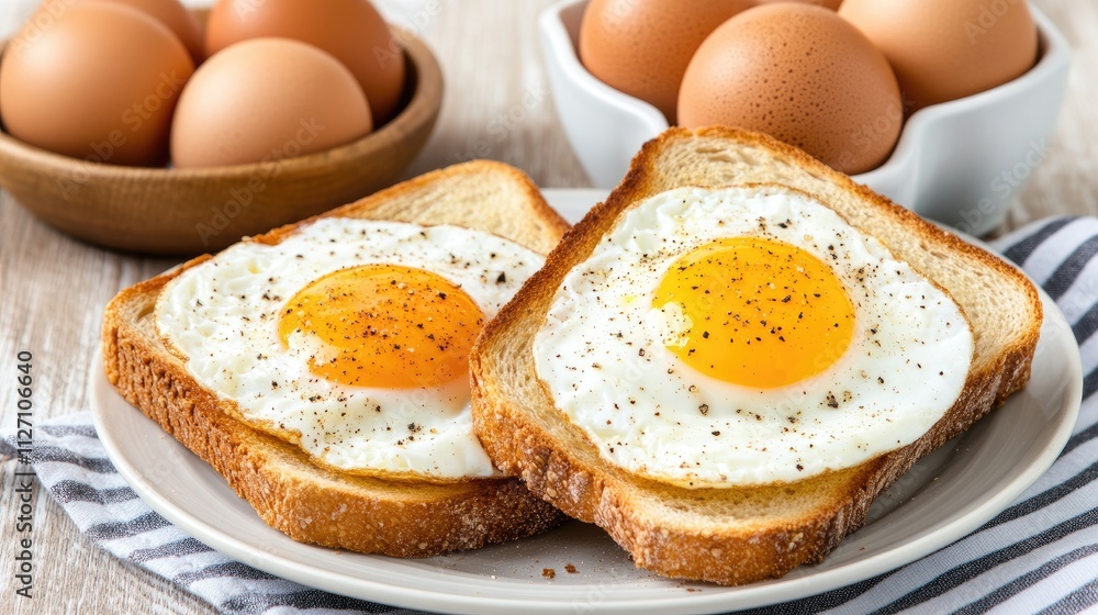 Two slices of toasted bread topped with sunny side up eggs and chopped green onions are served on a neutral plate, with a bowl of eggs visible in the background Two slices of toasted bread topped with sunny side up eggs and chopped green onions are served on a neutral plate, with a bowl of eggs visible in the background