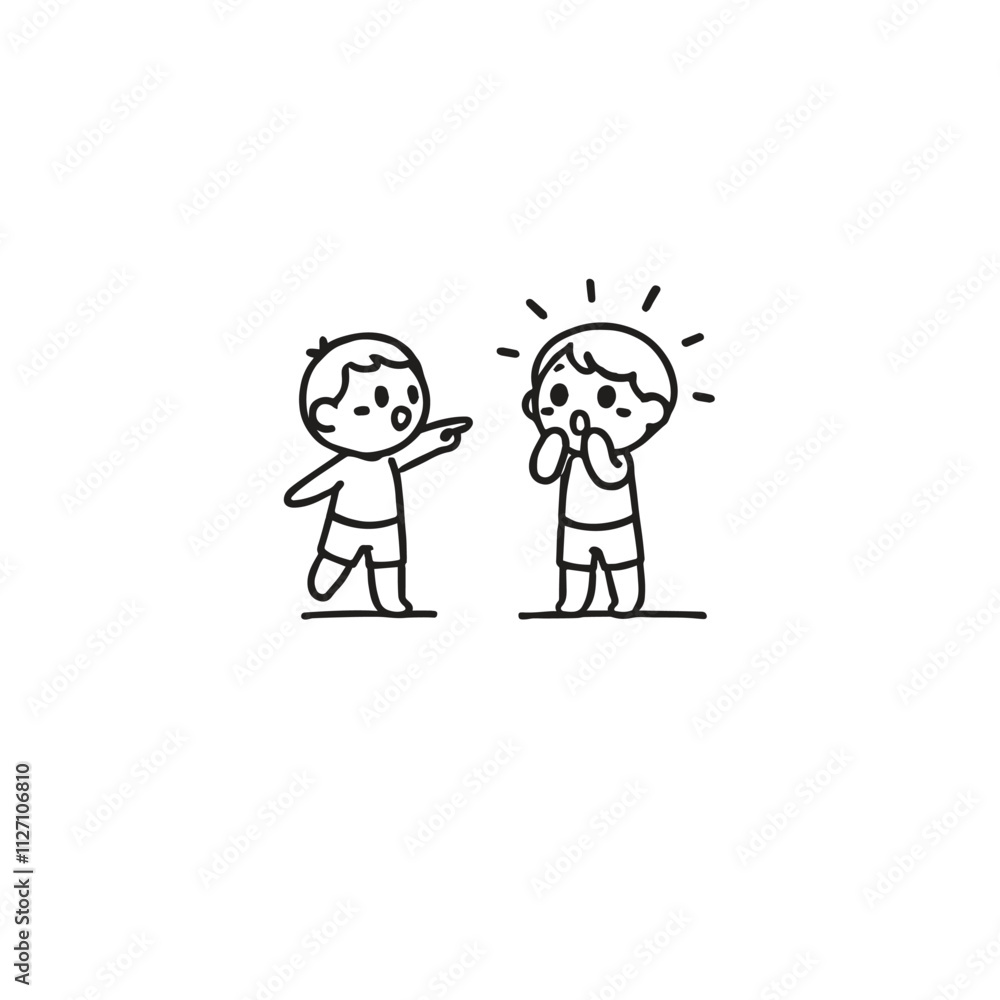 A simple black and white cartoon of two children, one pointing while the other seems shocked. Illustrates emotions of surprise and accusation. Great for educational or storytelling purposes. A simple black and white cartoon of two children, one pointing while the other seems shocked. Illustrates emotions of surprise and accusation. Great for educational or storytelling purposes.