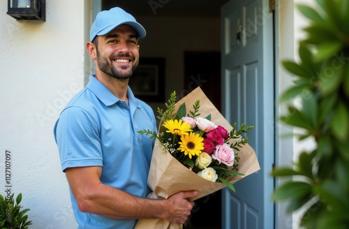 Delivery of a bouquet of flowers. A smiling courier in a blue uniform and cap delivers flowers to the door. Flower delivery service. A man courier with flowers near the house rings the doorbell. photo