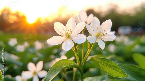 The delicate white blossoms of the tung flower shine like tiny stars against the backdrop of the peaceful countryside morning, filling the air with a sweet, intoxicating fragrance.