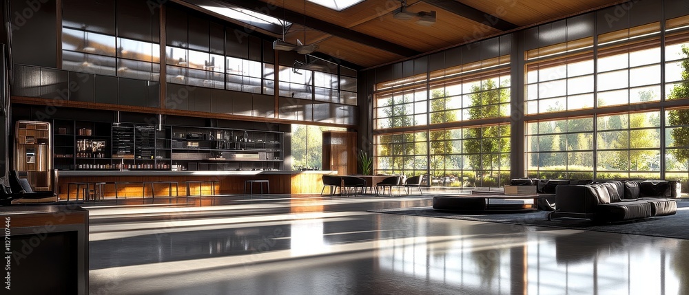 Naklejka premium Cozy and Inviting Contemporary Industrial Cafe Interior