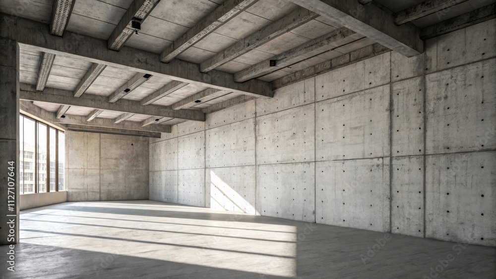 A spacious concrete room with a large window and sunlight streaming through, creating a minimalist and industrial aesthetic. A spacious concrete room with a large window and sunlight streaming through, creating a minimalist and industrial aesthetic.