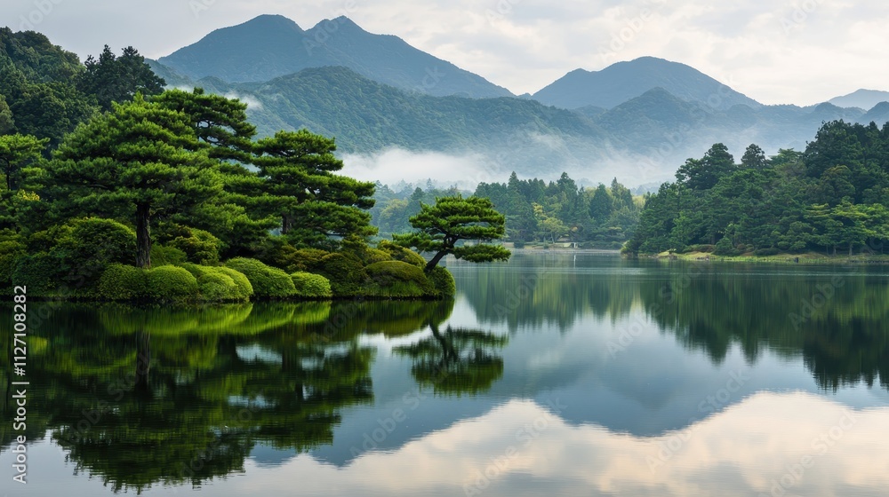 A tranquil landscape featuring a serene lake, lush trees, and misty mountains reflecting in calm waters, evoking peace and natural beauty. A tranquil landscape featuring a serene lake, lush trees, and misty mountains reflecting in calm waters, evoking peace and natural beauty.