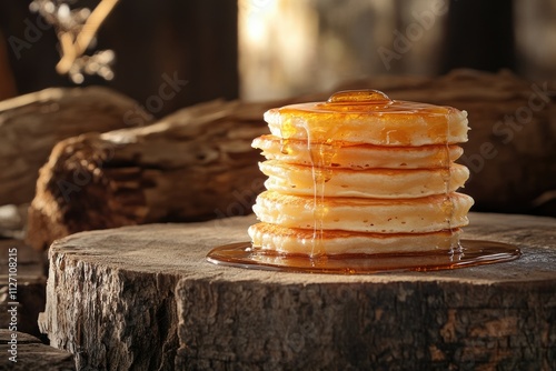 Wallpaper Mural A stack of golden pancakes drizzled with maple syrup sits on a rustic wooden stump, bathed in warm sunlight. Torontodigital.ca