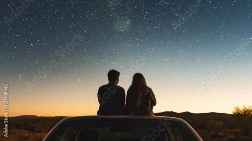 Couple Stargazing on Car Hood Under Starry Desert Sky