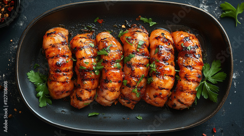 Grilled witchetty grub skewers garnished with herbs on a black plate, gourmet presentation photo