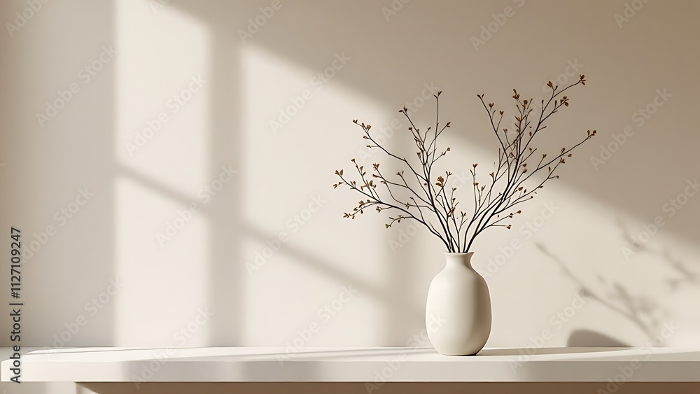 Minimalist interior design, white vases with bare branches, soft sunlight casting shadows, beige background, neutral tones, zen aesthetic, clean lines, peaceful atmosphere, shadow play, simple eleganc Minimalist interior design, white vases with bare branches, soft sunlight casting shadows, beige background, neutral tones, zen aesthetic, clean lines, peaceful atmosphere, shadow play, simple eleganc
