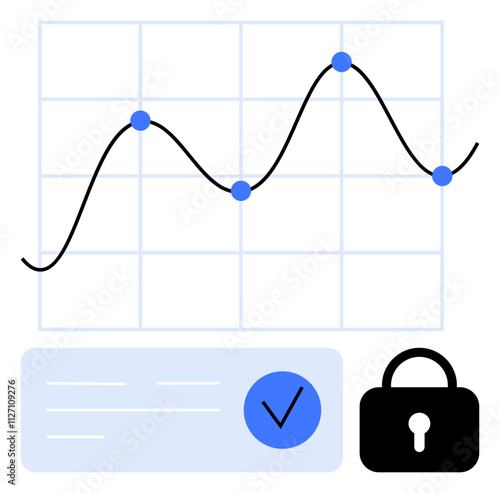 Data trend line on grid with four data points, document icon with blue check mark, black security lock. Ideal for data analysis, business reports, security, validation themes, performance metrics