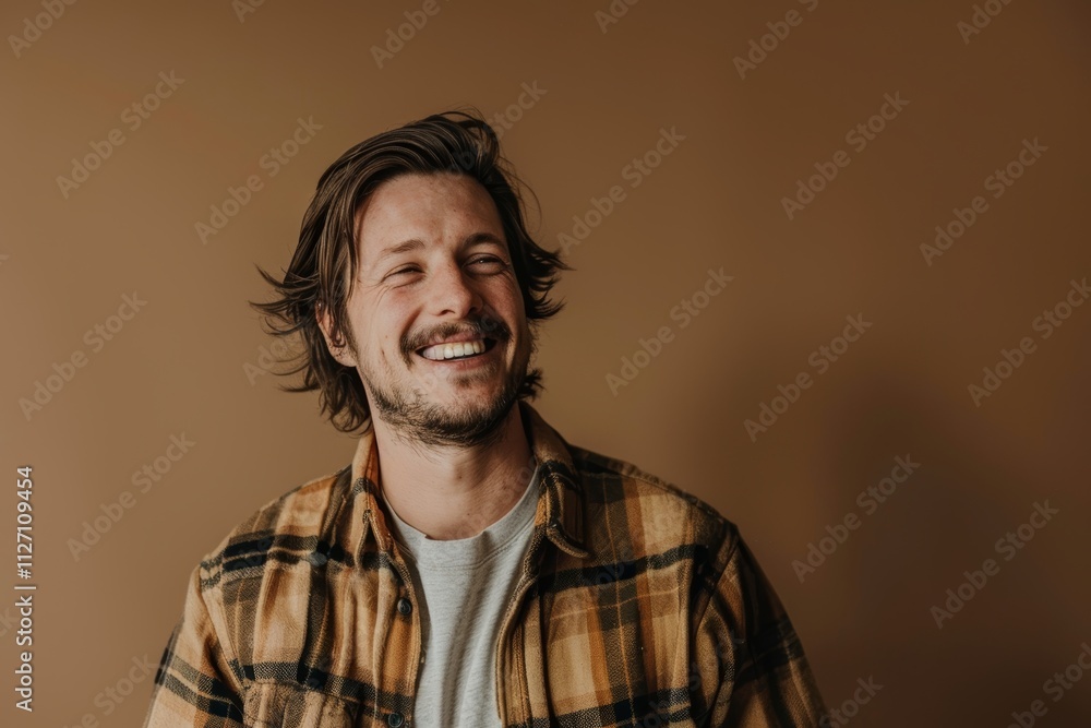Portrait of a joyful man in his 30s wearing a comfy flannel shirt isolated on soft brown background Portrait of a joyful man in his 30s wearing a comfy flannel shirt isolated on soft brown background