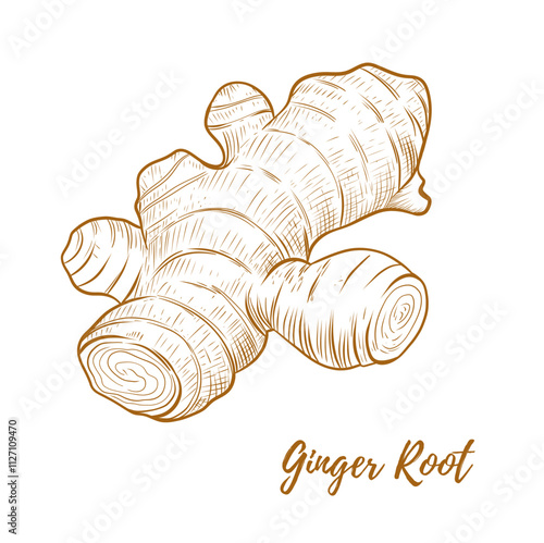 Vector ginger root line art illustration, graphic line ginger. Ginger piece for tea. Engraving. Ingredient. Great for any designs, textile, art, walls, package