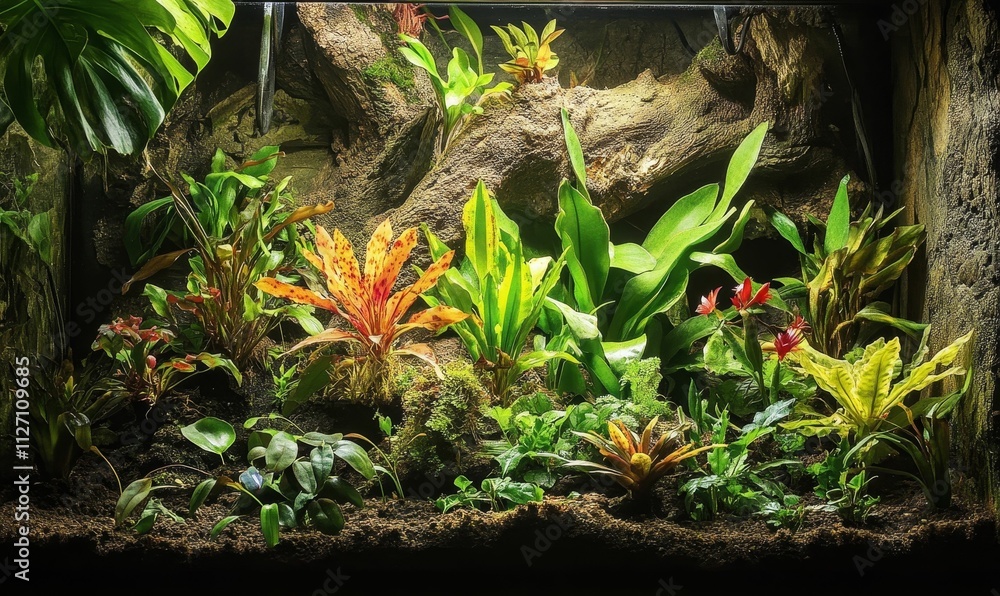 Lush tropical plants thrive in terrarium. Lush tropical plants thrive in terrarium.