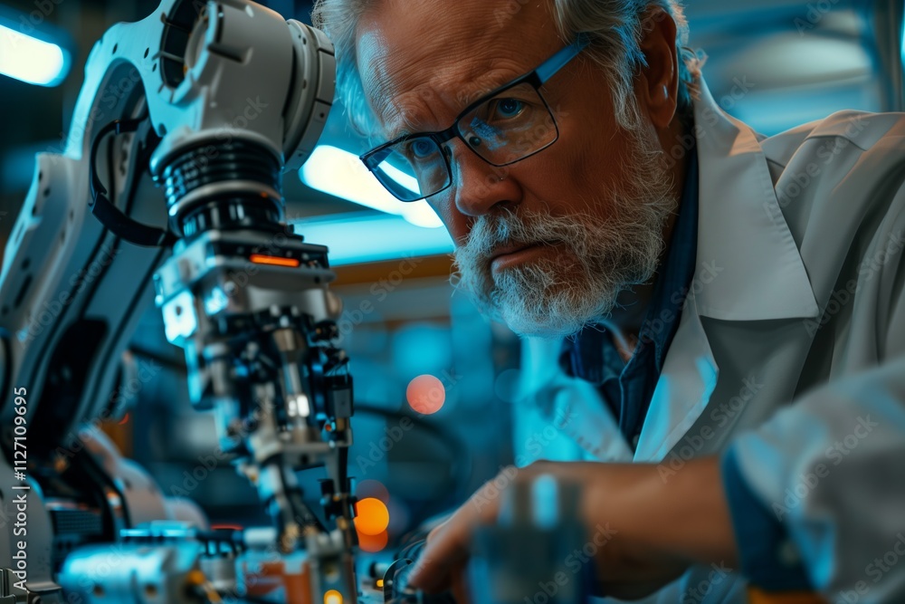 An elderly engineer meticulously working on a robotic arm in a laboratory setting. An elderly engineer meticulously working on a robotic arm in a laboratory setting.