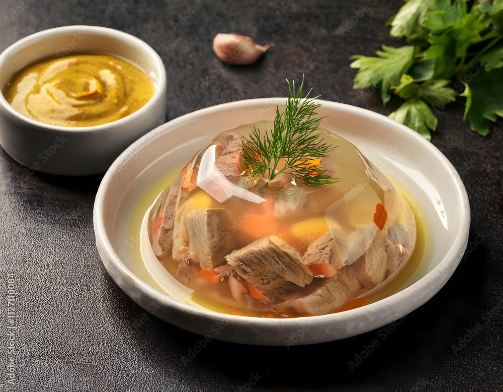 Φωτογραφία A serving of traditional Russian aspic 'kholodets' with tender jellied meat, gar