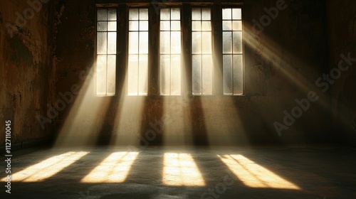 Sunbeams illuminate dilapidated room  three windows.