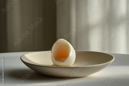 A halved soft-boiled egg rests in a minimalist beige bowl, bathed in soft light. photo