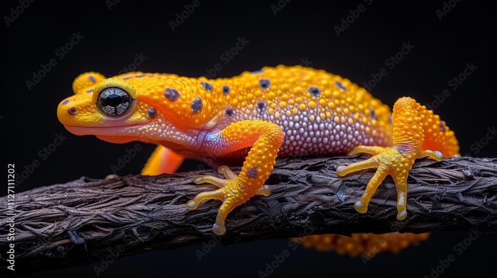 Obraz premium Vibrant Orange and Purple Toad with Black Spots Perched on a Branch, Detailed Wildlife Portrait