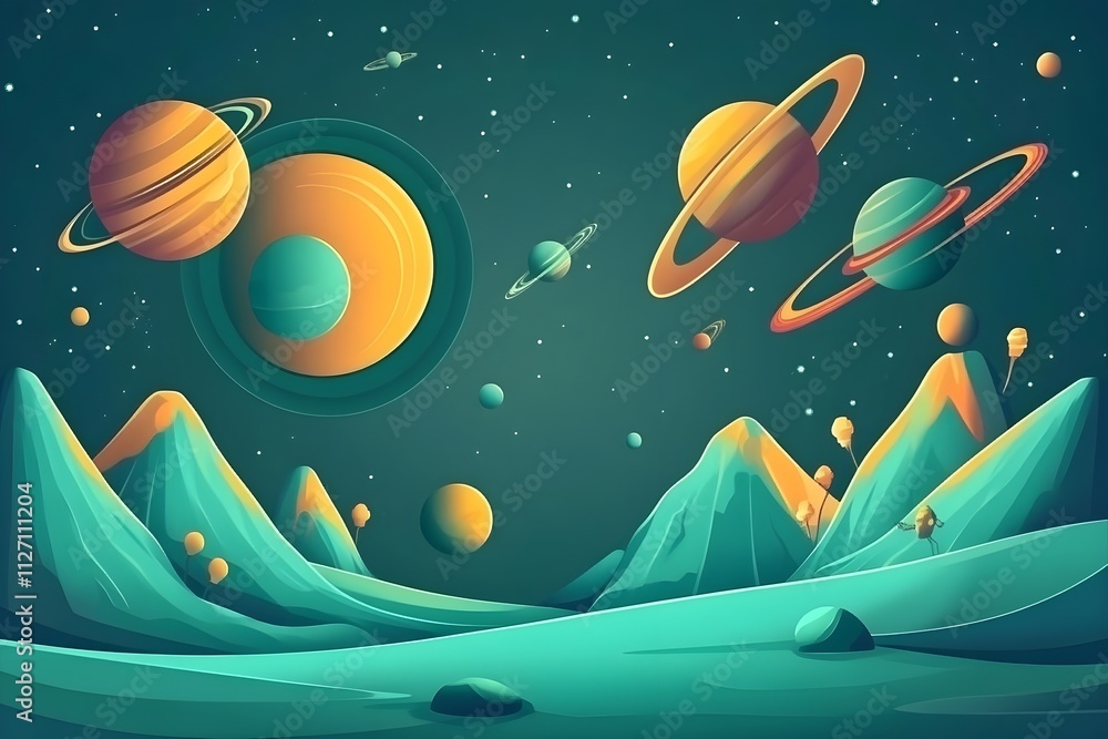 Naklejka premium Explore the wonders of space with a detailed illustration of a rocket and celestial bodies, perfect for science and education. illustration, science, design, mosque, travel, child, star, sky, 
