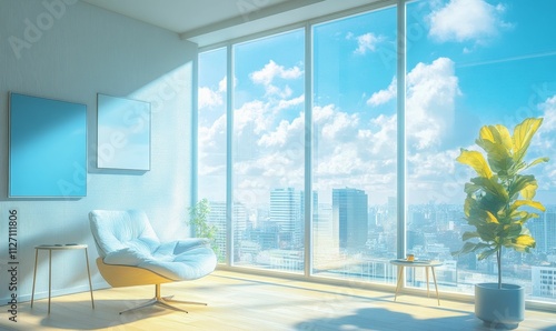 Sunny room  city view  armchair  plant  minimalist decor.