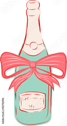 Hand-drawn champagne bottle with red bow - Valentine's day elements series