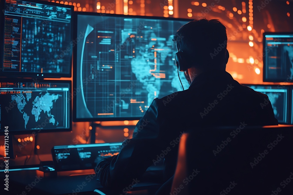 A person monitors multiple screens displaying data and maps in a high-tech environment. A person monitors multiple screens displaying data and maps in a high-tech environment.