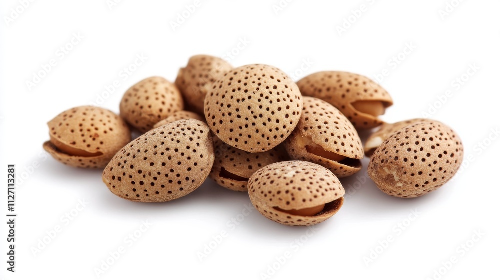 Pile of shelled almond nuts isolated on white background. File contains clipping path. Pile of shelled almond nuts isolated on white background. File contains clipping path.