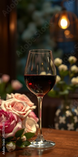 Elegant wine glass stands beside roses in a softly lit setting, creating a relaxing atmosphere for a memorable evening