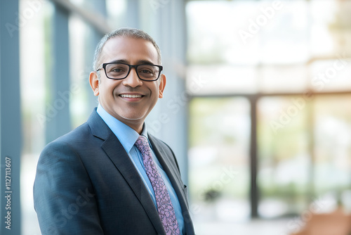 Portrait of successful Indian businessman consultant looking at camera and smiling inside modern office building