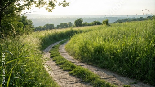 A winding dirt path through a lush green meadow, framed by tall grass and trees, leads to a distant hazy landscape