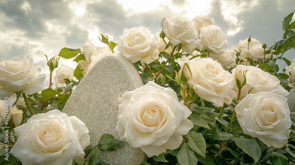 Obraz premium White roses blooming around gravestone under cloudy sky