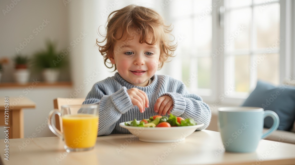 Happy Child Enjoying Fresh Salad for Healthy Meal at Bright Dining Table Indoor Happy Child Enjoying Fresh Salad for Healthy Meal at Bright Dining Table Indoor
