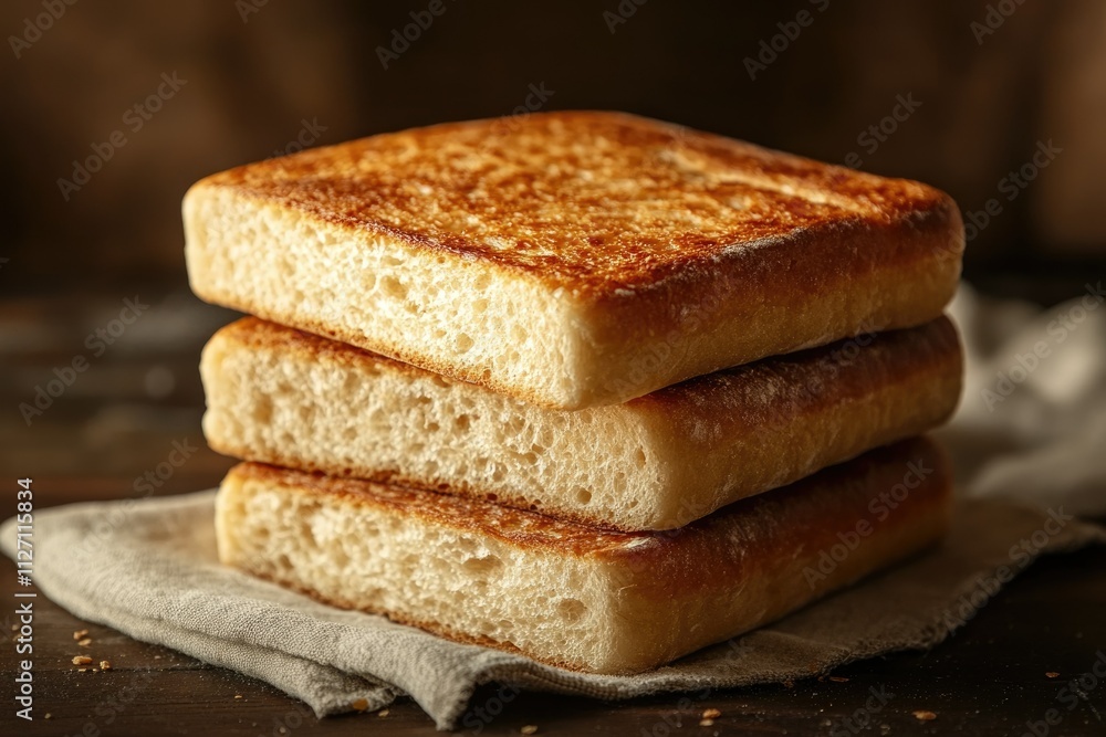 A stack of three golden-brown toasted bread slices, showcasing a crispy exterior and soft interior. A stack of three golden-brown toasted bread slices, showcasing a crispy exterior and soft interior.