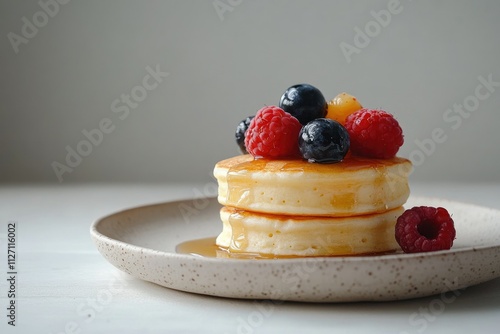 Fluffy pancakes topped with fresh raspberries, blueberries, and a drizzle of honey. photo