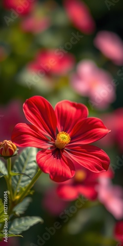 Bright red flower blooming in a vibrant garden during midday sunlight