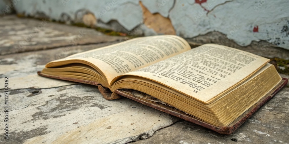 Obraz premium A weathered book lays open on a concrete surface, revealing aged pages filled with forgotten stories