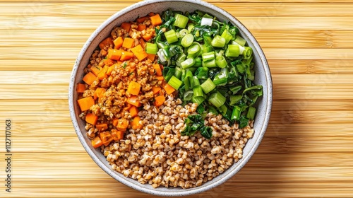 Wellness nutrition retreat concept. Healthy grain bowl with vegetables and grains on a wooden surface.