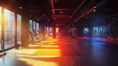 Modern gym interior  sunlight  cardio equipment  mats.