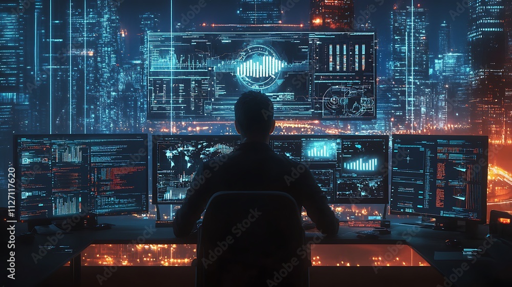 A person monitors multiple screens displaying data in a futuristic cityscape. A person monitors multiple screens displaying data in a futuristic cityscape.
