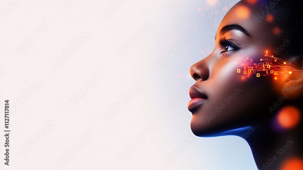 Woman's profile with glowing digital data on face. Woman's profile with glowing digital data on face.