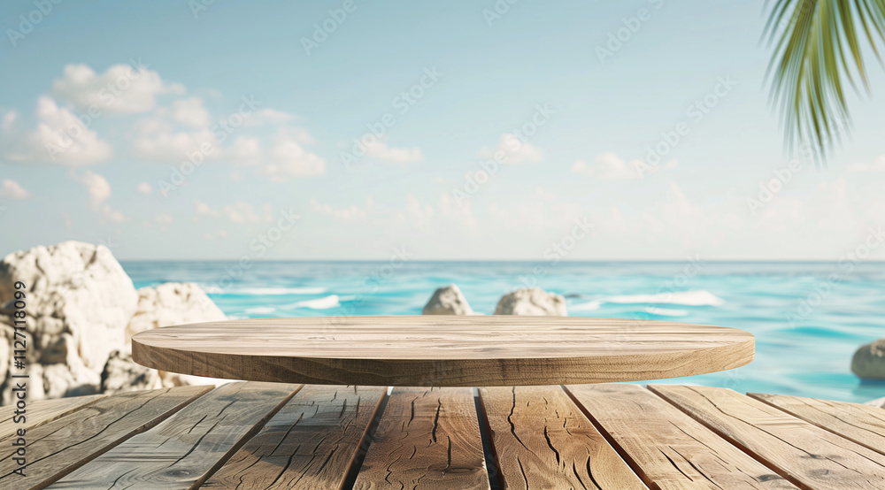 Obraz premium Wooden table with a round wooden tray on a tropical beach with turquoise water, palm trees, and rocks, creating a serene vacation atmosphere, perfect for summer travel themes