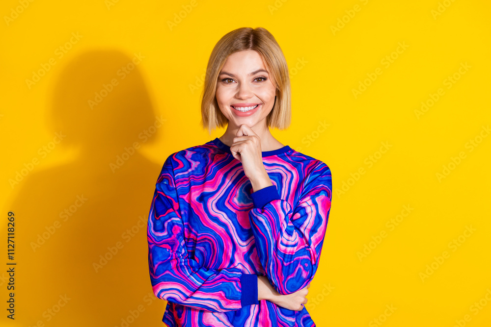 Photo portrait of lovely young lady thoughtful manager dressed stylish colorful blue garment isolated on yellow color background Photo portrait of lovely young lady thoughtful manager dressed stylish colorful blue garment isolated on yellow color background
