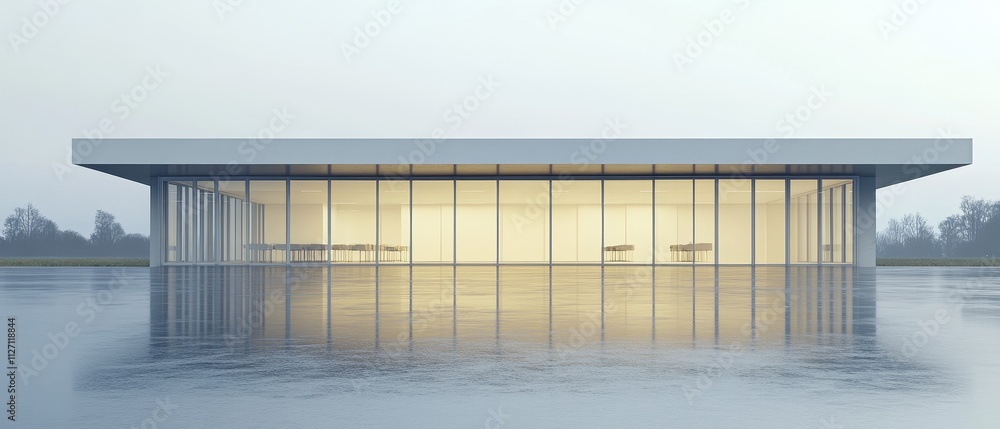 Obraz premium Modern Architectural Pavilion Reflected in Still Lake at Dusk