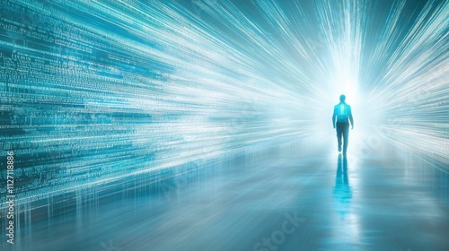 A solitary figure walks through a tunnel of light and data. The scene embodies innovation, technology, and the digital future of humanity. photo